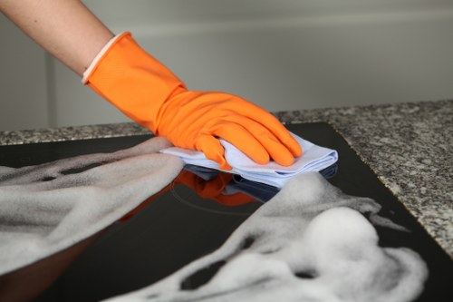 Professional carpet cleaning process in a living room