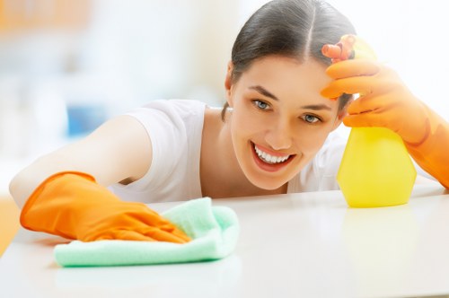 Cleaning team performing commercial cleaning in a workplace