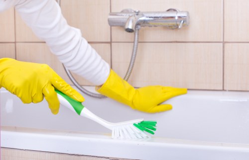Turnover cleaning supplies arranged for a short-term rental
